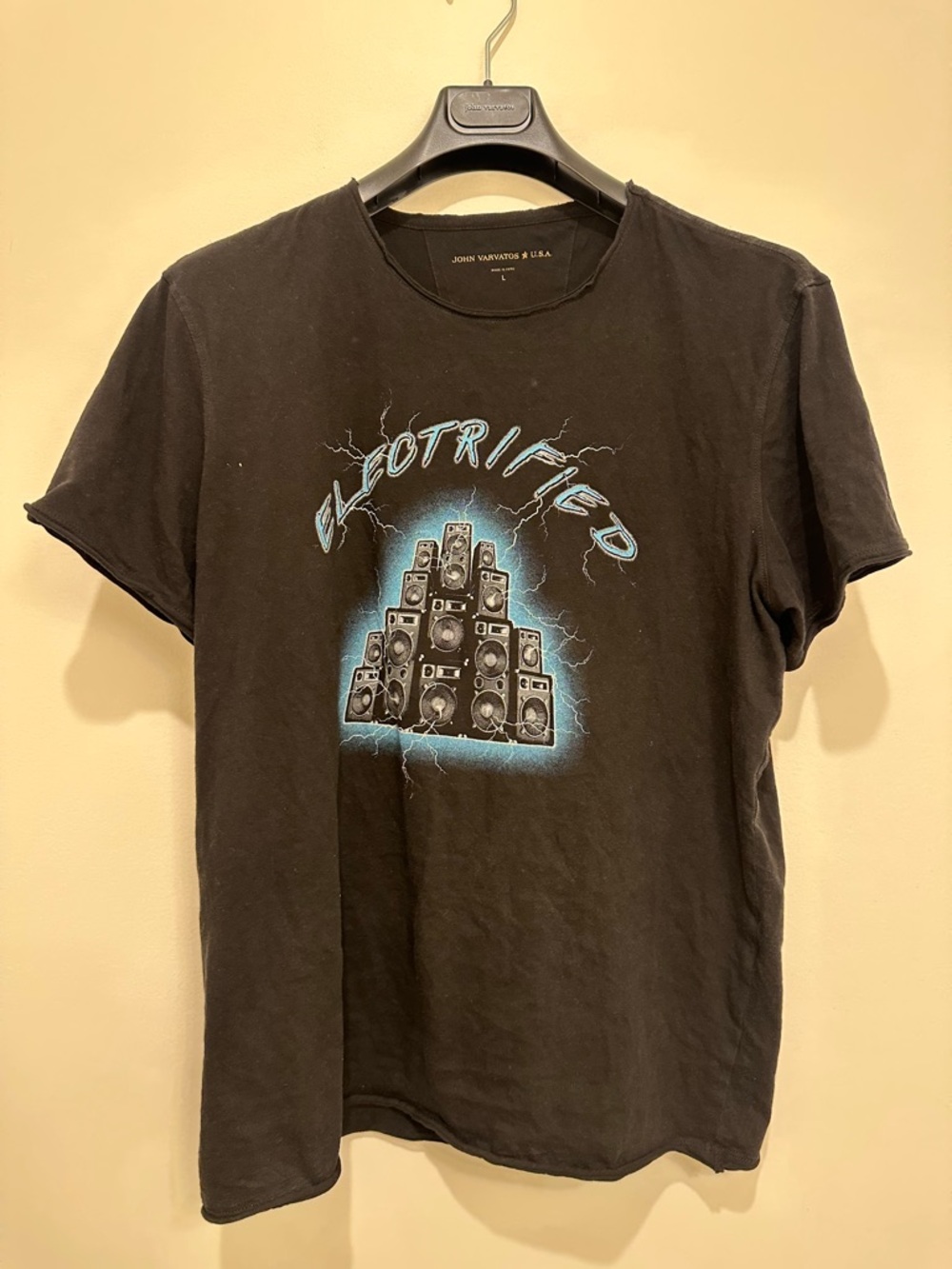 John Varvatos Black Tee with Blue Electrified Speaker Stack Graphic